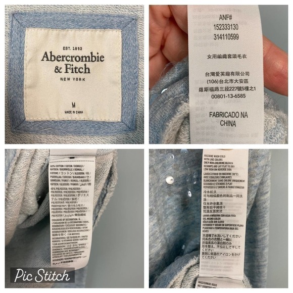 ABERCROMBIE & Fitch Heather Blue French Terry Sequin Front Top Size M Raw Hem - Picture 9 of 13